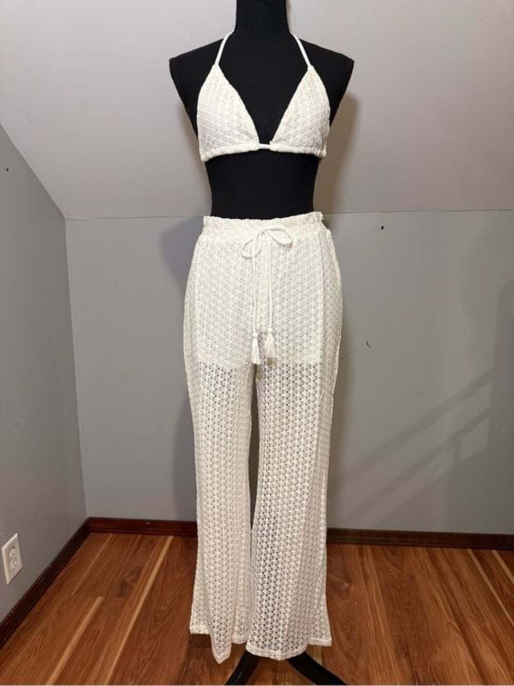 HYFVE Cream Crochet Wide-Leg Pants/bikini top set